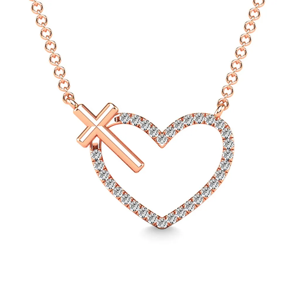 10K Rose Gold Diamond 1/10 Ct.Tw. Heart and Cross Pendant