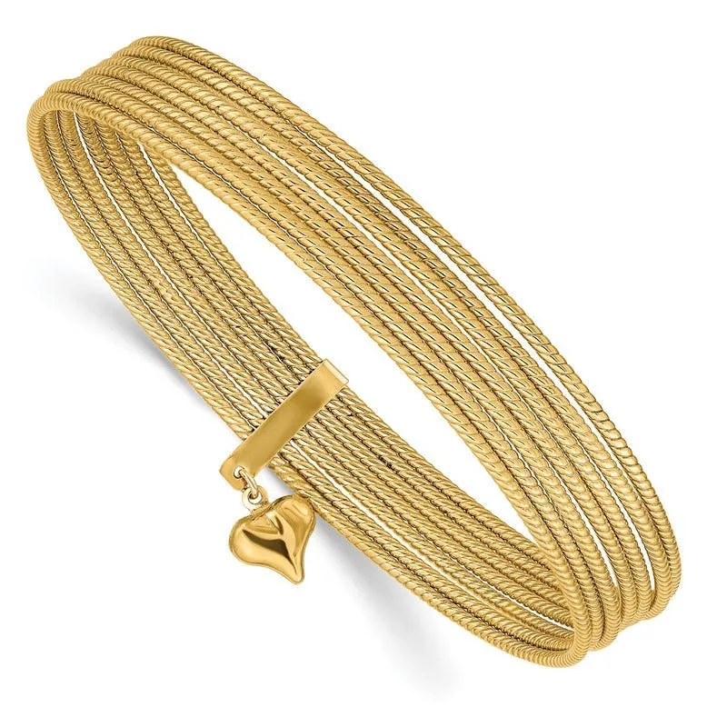 14K w/ Dangle Heart Slip-on Set of 7 Textured Bangles