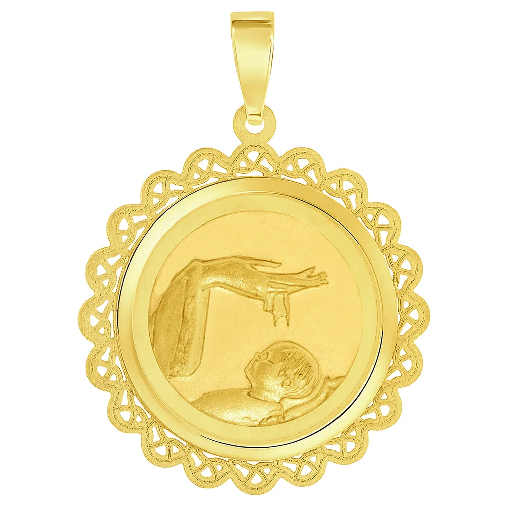 14k Yellow Gold Religious Baptism Christening On Round Ornate Medal Pendant with Cuban Chain Curb Necklace