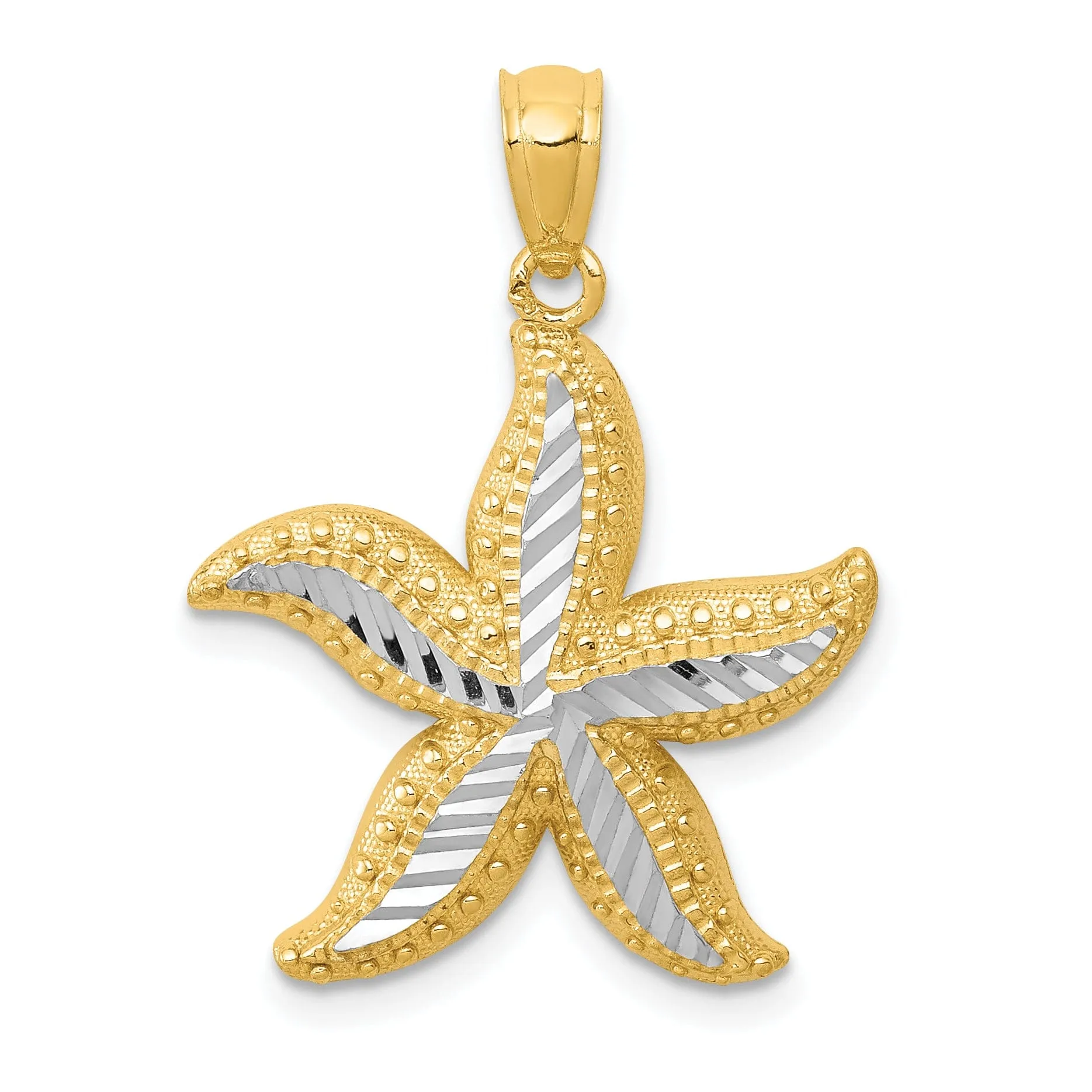 14K Yellow Gold, White Rhodium Solid Open Back Diamond Cut Texture Polished Finish Starfish Charm Pendant