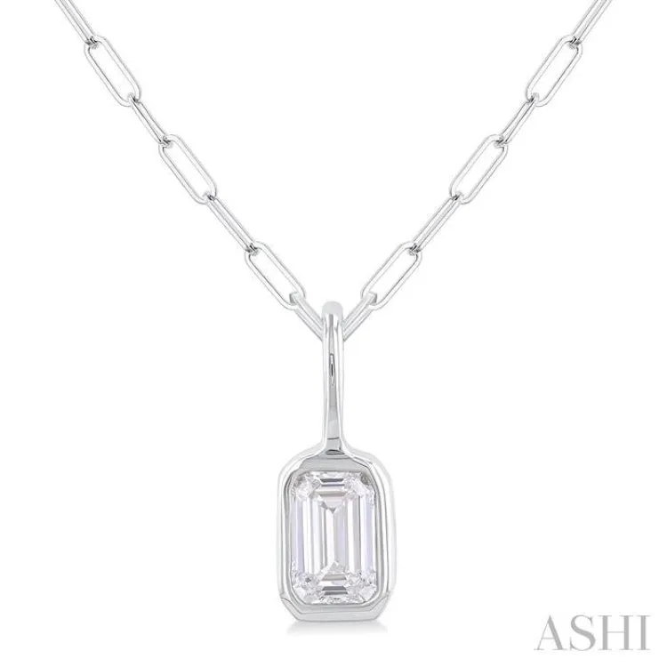 1/5 ctw Emerald Cut Bezel Set Diamond Fashion Pendant With Paper Clip Chain in 14K White Gold