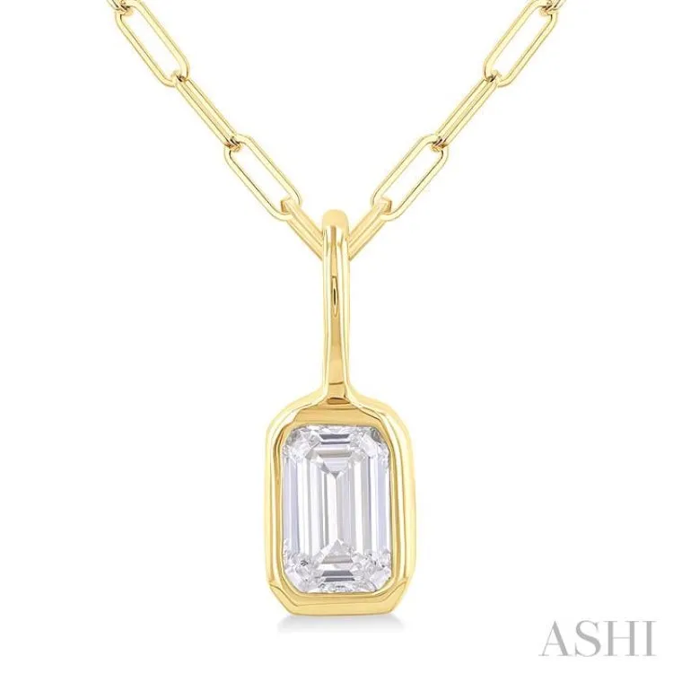 1/5 ctw Emerald Cut Bezel Set Diamond Fashion Pendant With Paper Clip Chain in 14K Yellow Gold