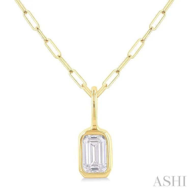 1/5 ctw Emerald Cut Bezel Set Diamond Fashion Pendant With Paper Clip Chain in 14K Yellow Gold