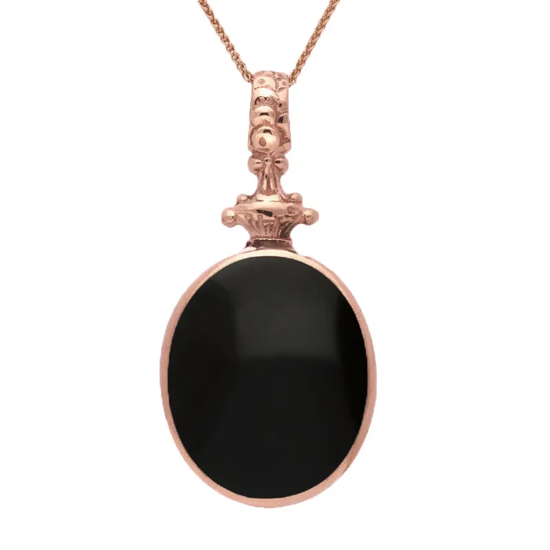 18ct Rose Gold Whitby Jet Blue John Double Sided Oval Fob Necklace