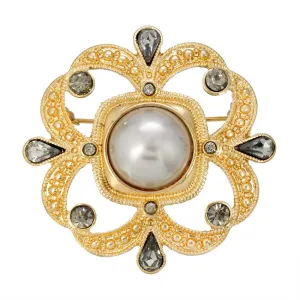 1928 Jewelry Grey Faux Pearl With Black Diamond Accent Pin