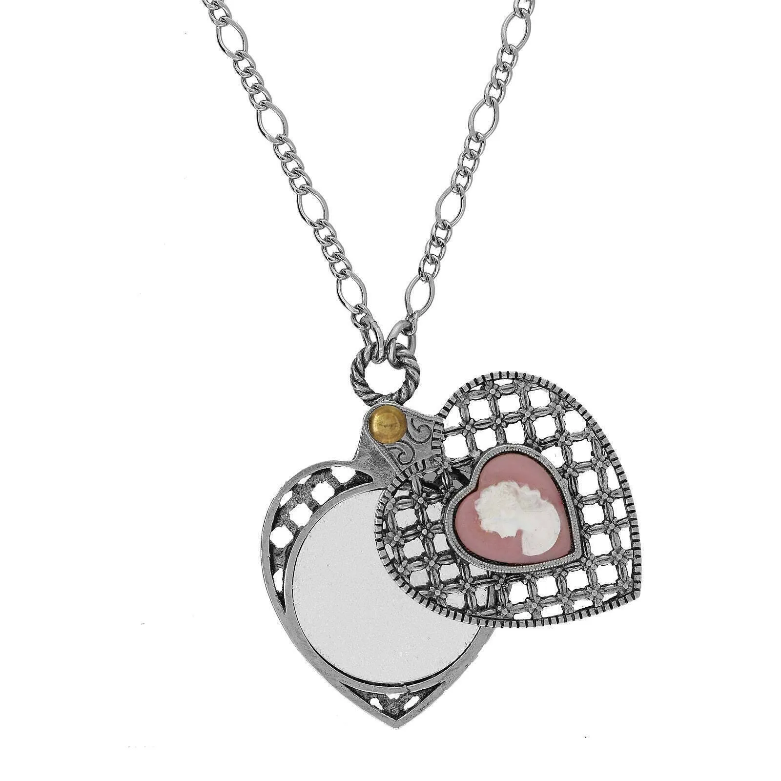 1928 Jewelry Pink Cameo Antiqued Heart Mirror Pendant Necklace 30"