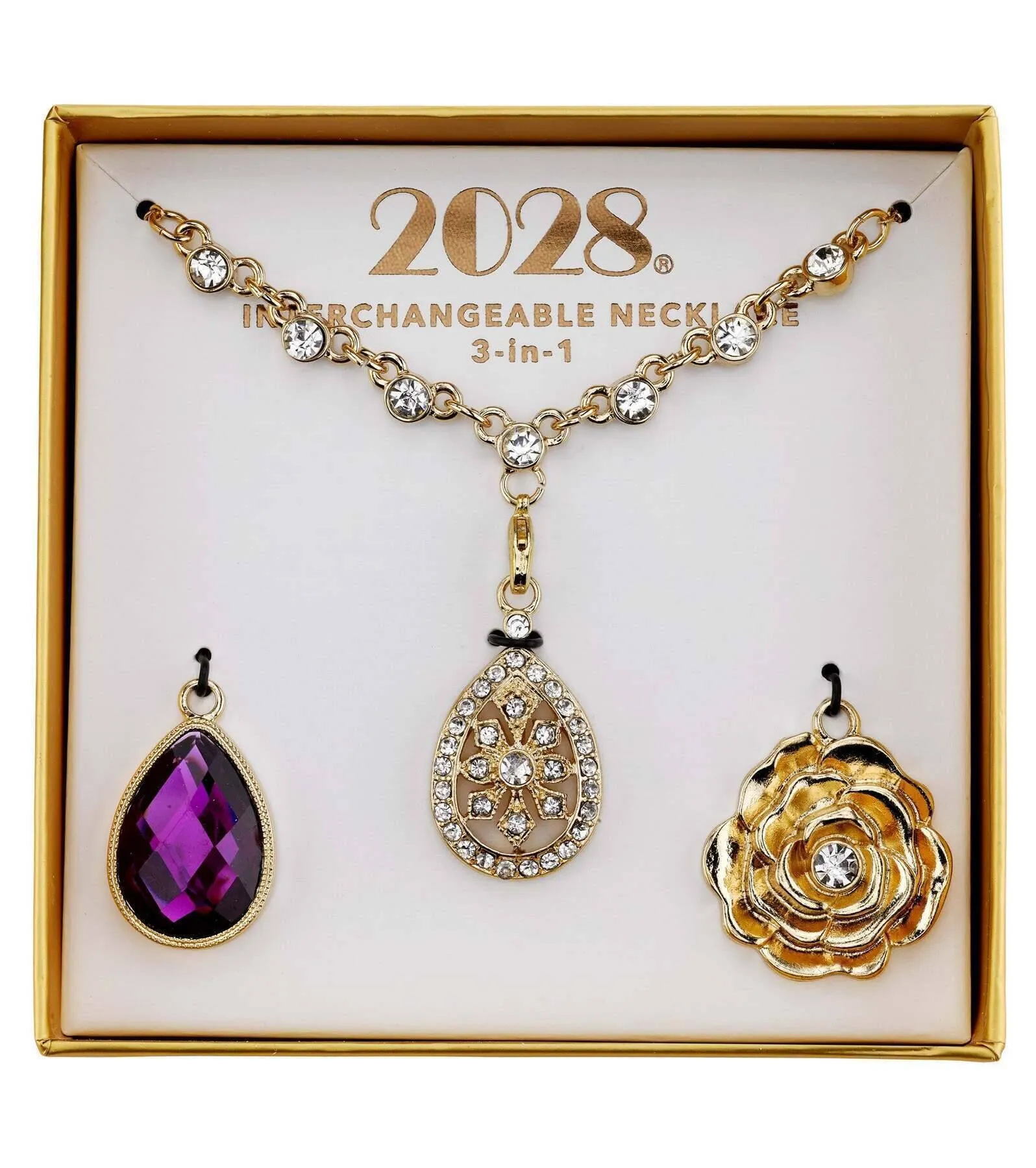 2028 Jewelry 3-In-1 Purple & Crystal Teardrop Interchangeable Necklace Set 16"   3" Extender