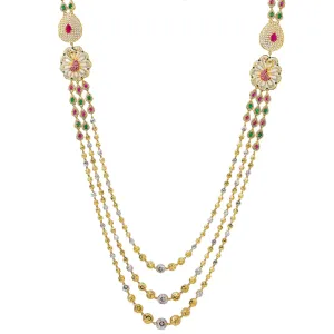 22K Multi Tone Gold Layered Haaram Necklace W/ Rubies, Emeralds, CZ Gemstones & Ornate Side Pendants