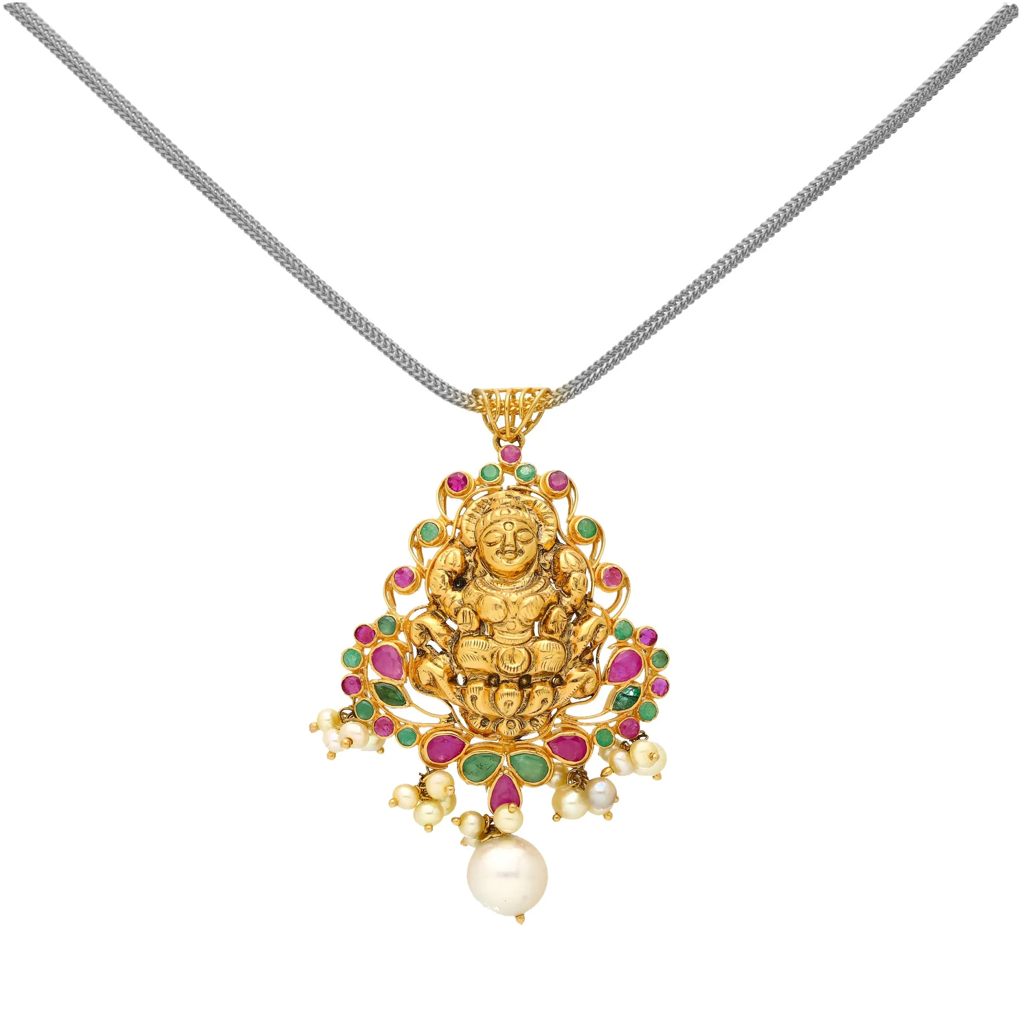 22K Yellow Gold, Emerald, Ruby, and Pearl Temple Pendant (12.2 grams)