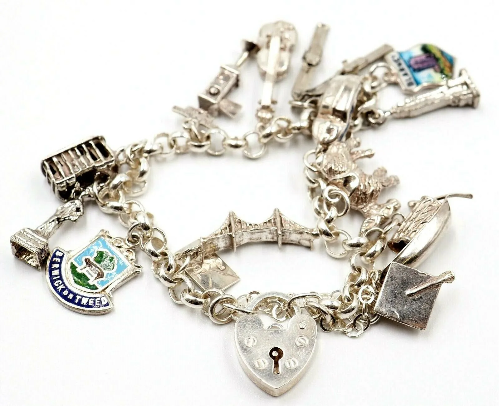 925 Sterling Silver Traditional Charm Bracelet with 14 Charms