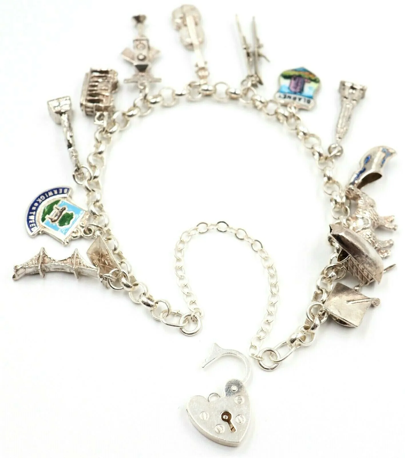 925 Sterling Silver Traditional Charm Bracelet with 14 Charms