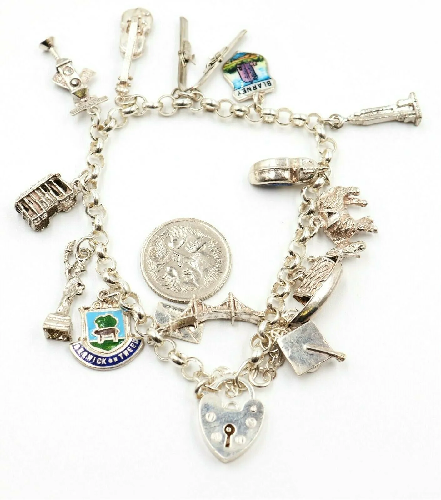 925 Sterling Silver Traditional Charm Bracelet with 14 Charms