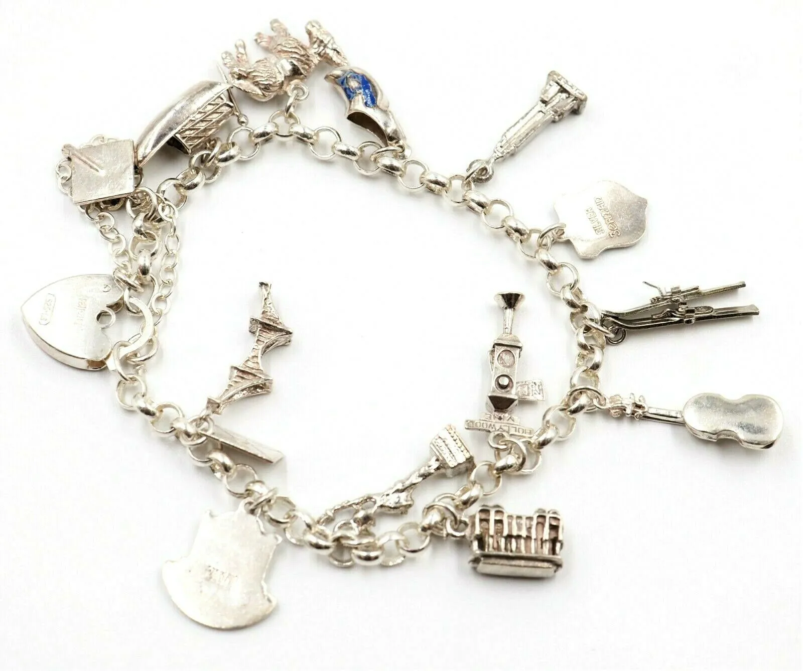 925 Sterling Silver Traditional Charm Bracelet with 14 Charms