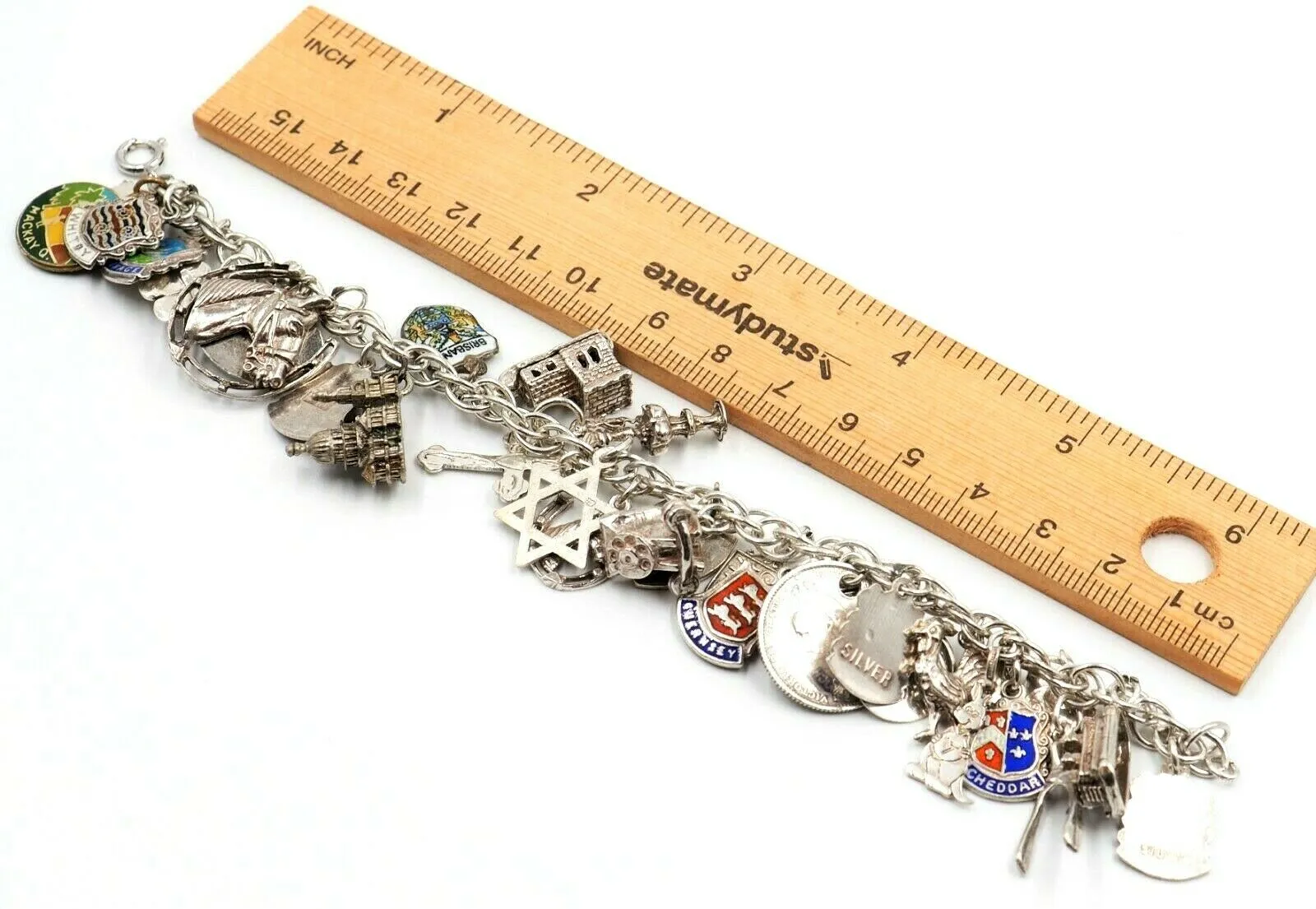 925 Sterling Silver Traditional Style Charm Bracelet with 30 Charms