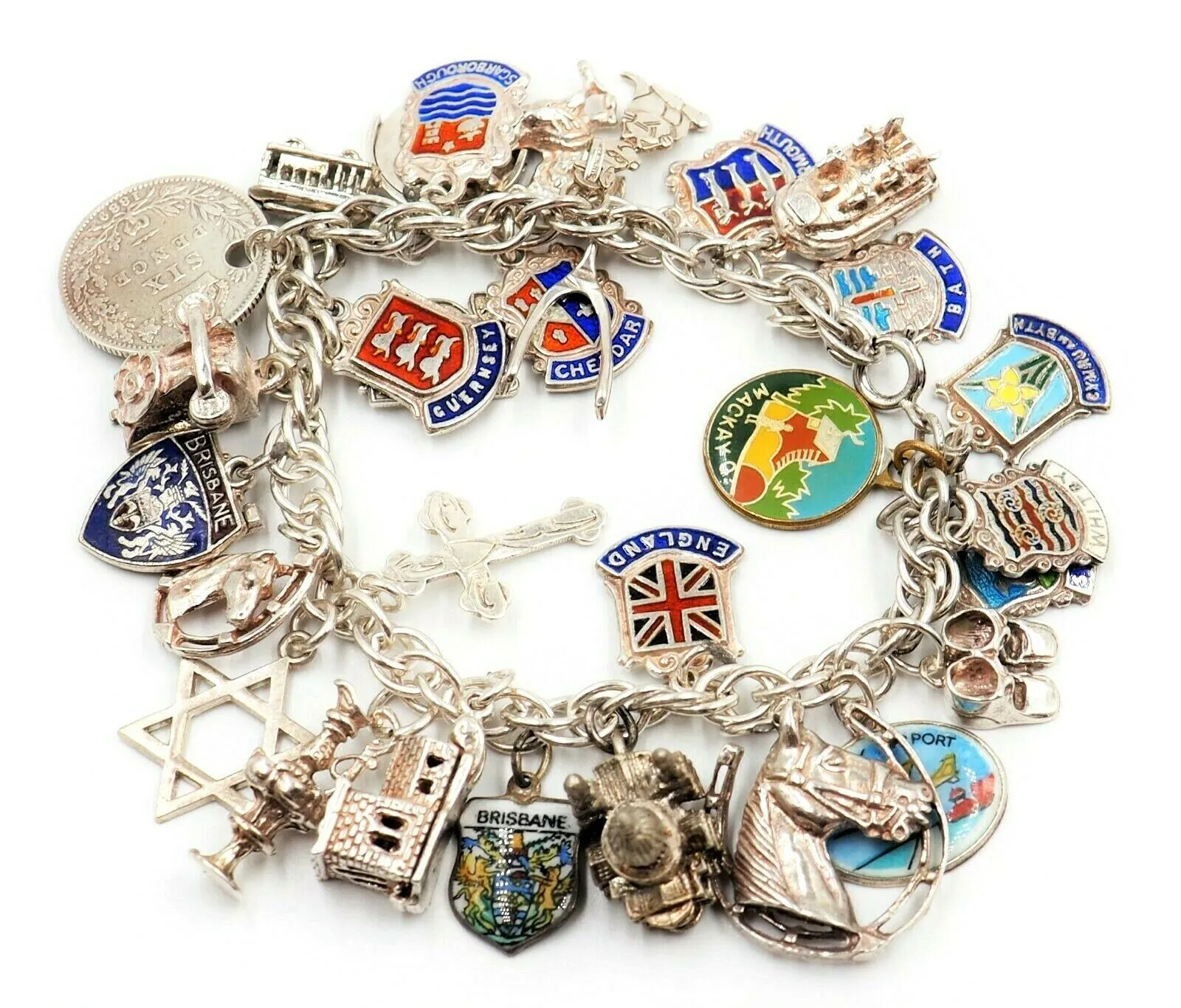 925 Sterling Silver Traditional Style Charm Bracelet with 30 Charms