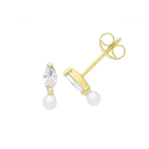 9ct Yellow Gold Marquise Zirconia And Pearl Studs ES724