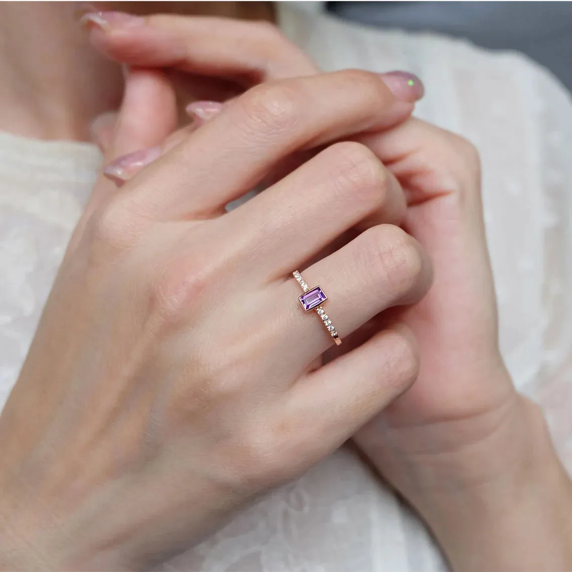 Amethyst Emerald Cut Statement Rings - 14k Rose Gold Vermeil Ring