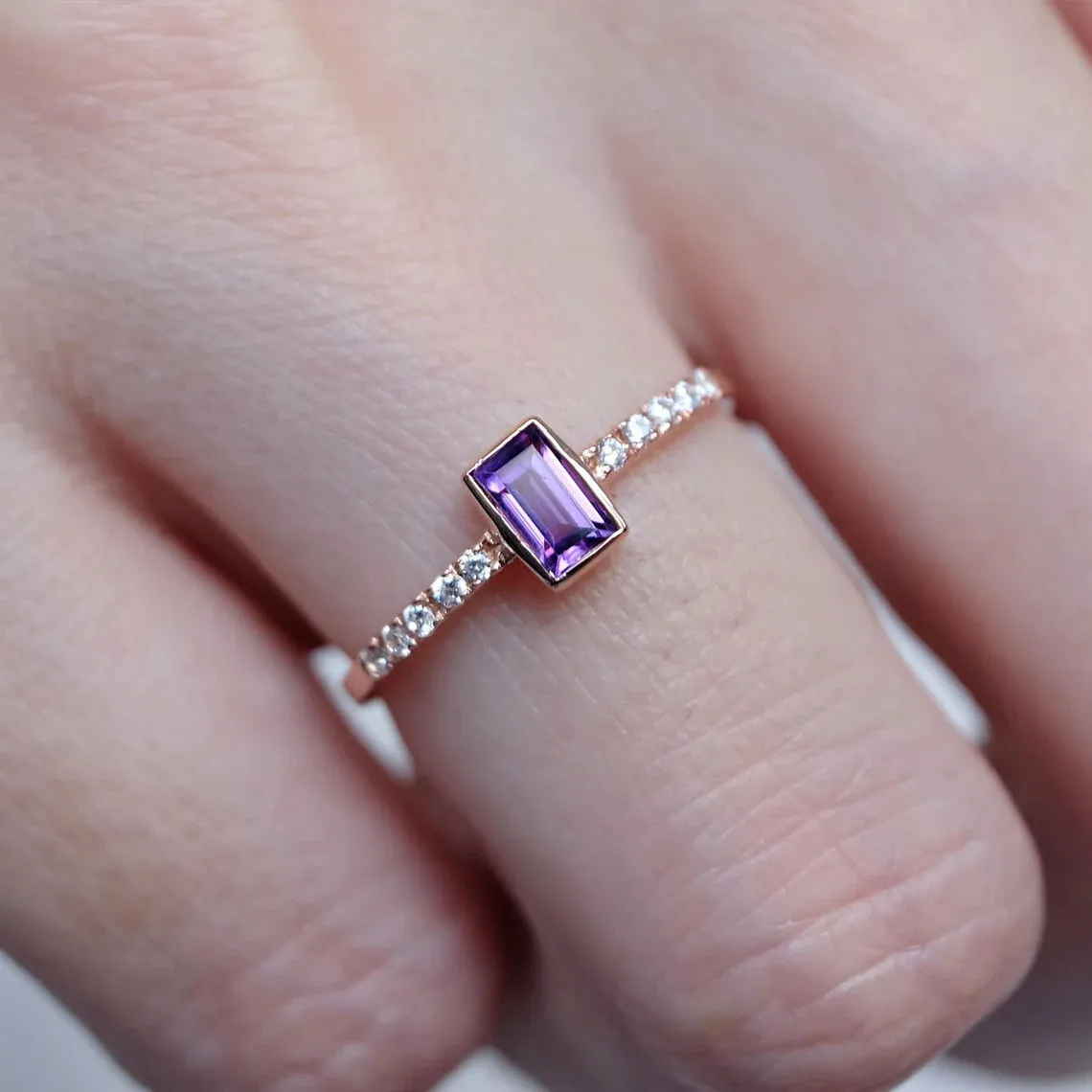 Amethyst Emerald Cut Statement Rings - 14k Rose Gold Vermeil Ring