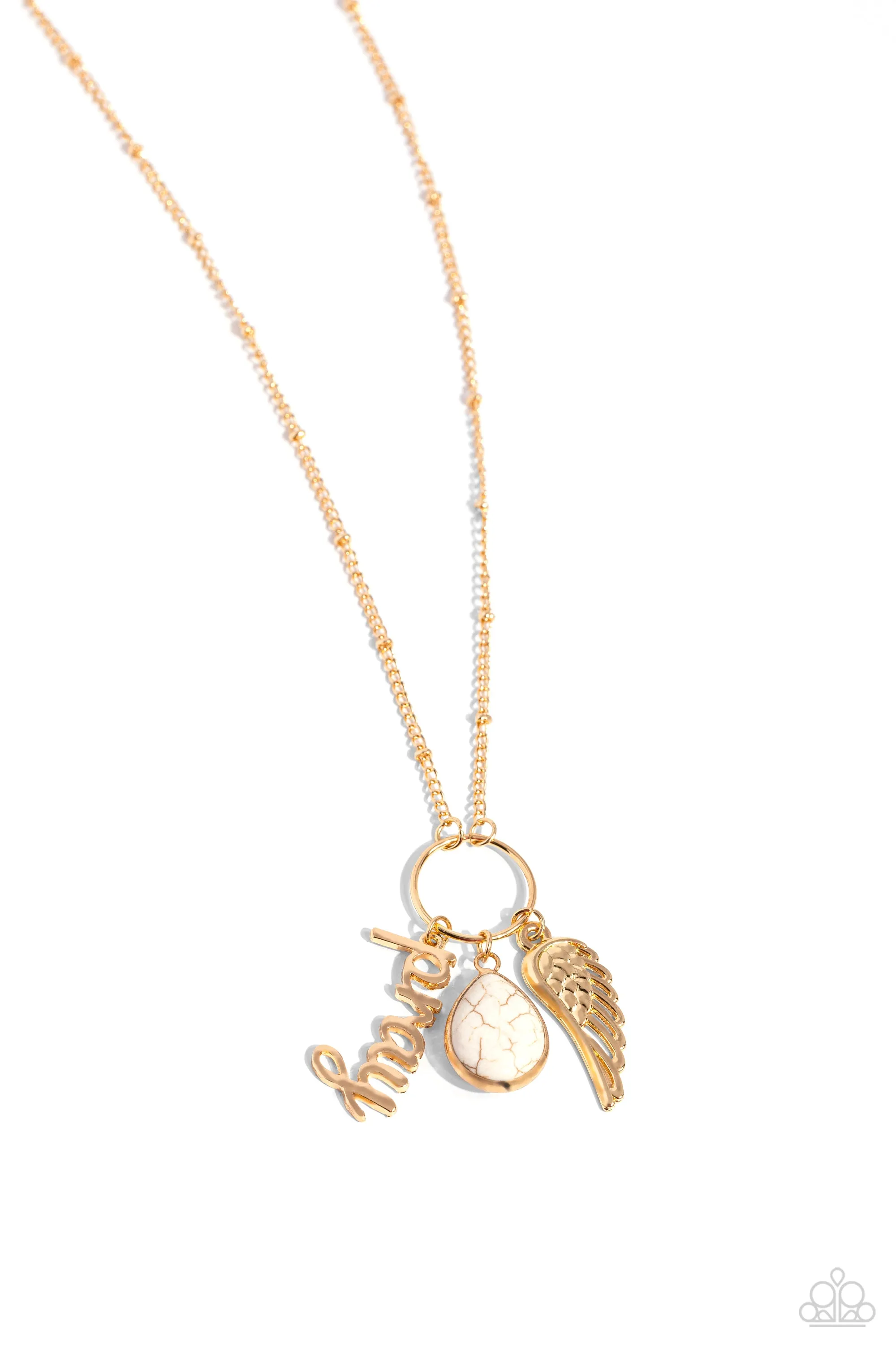 Angelic Artistry - White - Stone Teardrop Gold Angel Wing "Pray" Inspirational/Religious Paparazzi Short Necklace