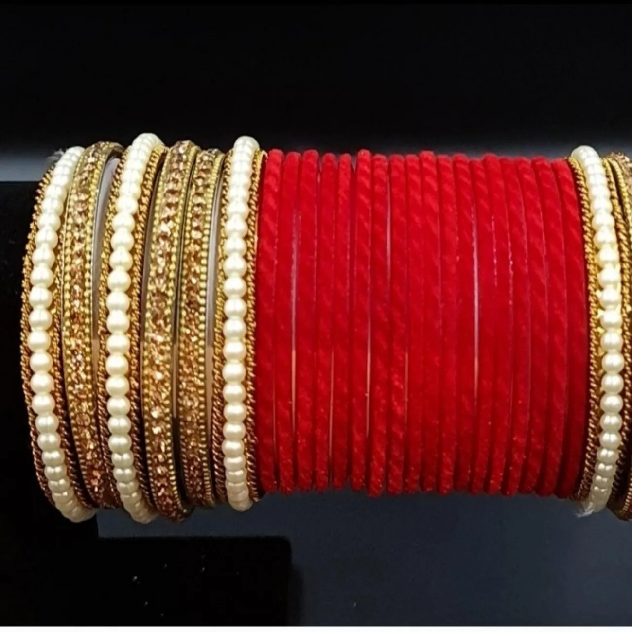 Antique gold finished pearl kada bangle red bridal chura