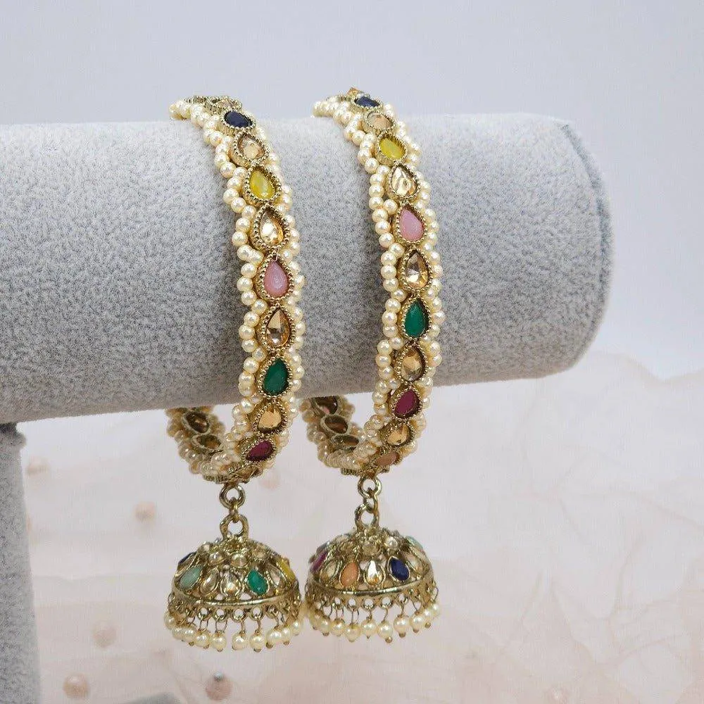 Antique Gold Polki Jhumka Drop Bangles Multicolor