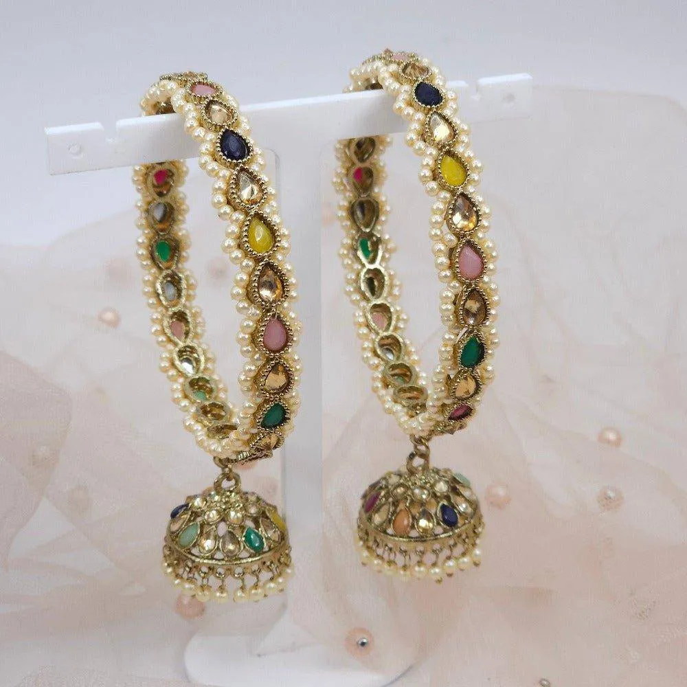 Antique Gold Polki Jhumka Drop Bangles Multicolor