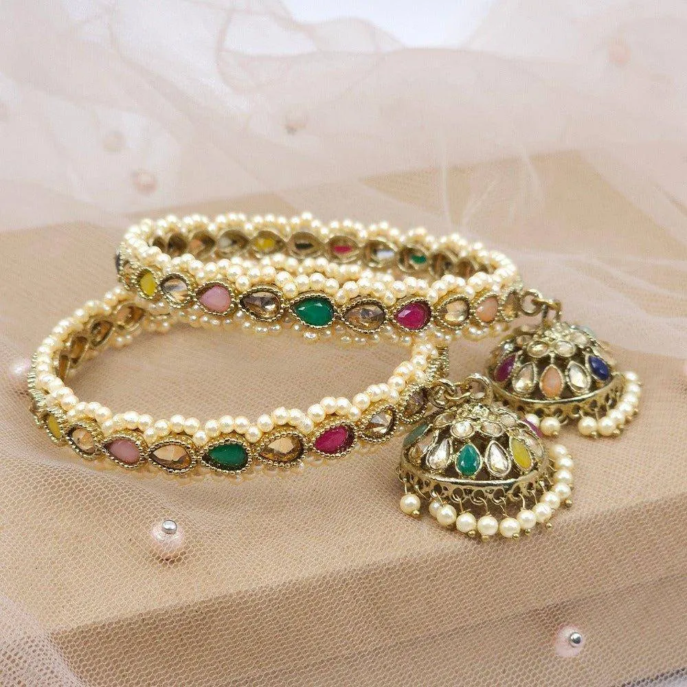 Antique Gold Polki Jhumka Drop Bangles Multicolor