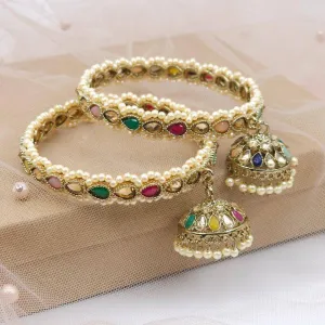 Antique Gold Polki Jhumka Drop Bangles Multicolor