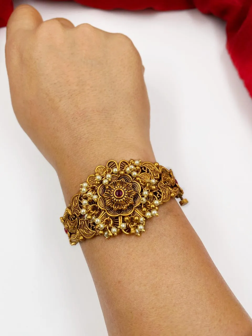 Antique Golden Broad Kada With Pearl Ghungroo For Ladies By Gehna Shop