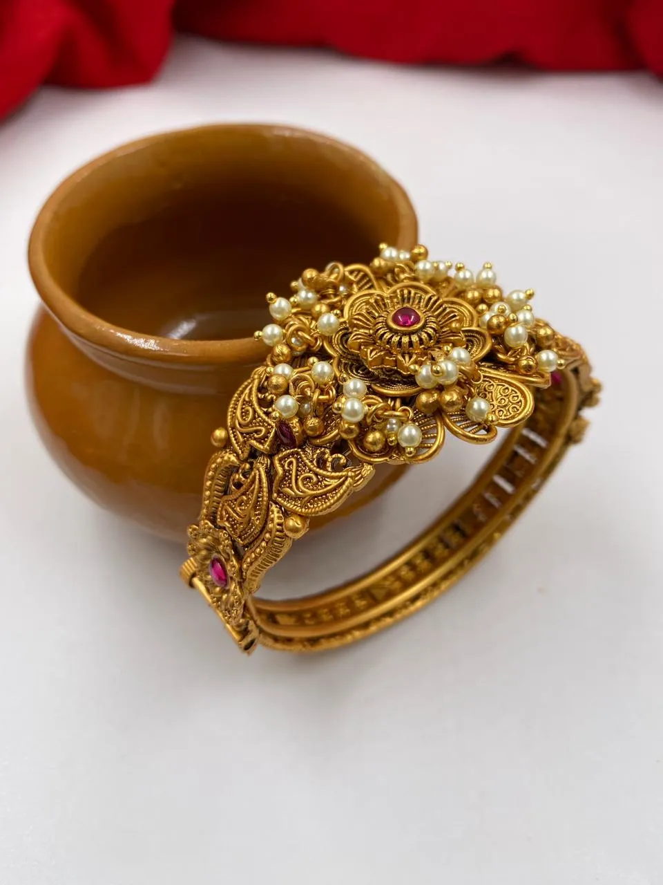 Antique Golden Broad Kada With Pearl Ghungroo For Ladies By Gehna Shop