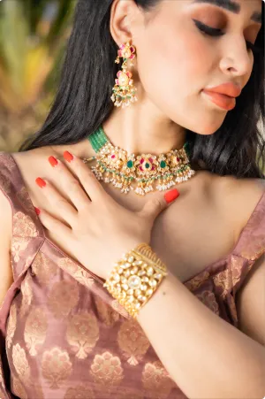 Ashmita Delicate Forest Green and Floral Ruby Kundan and Beads Necklace and Earrings Set