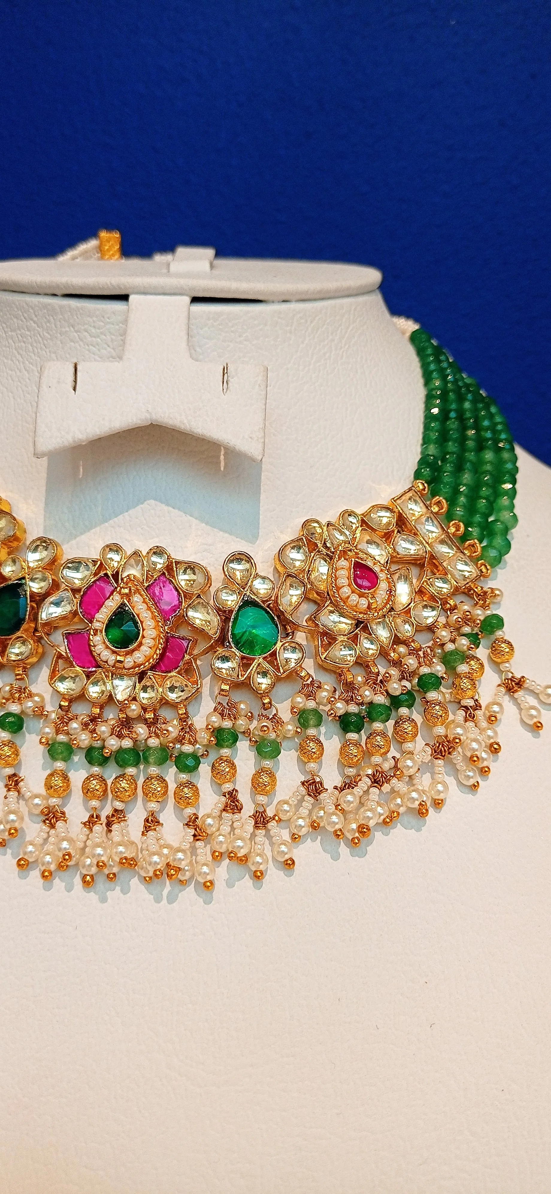 Ashmita Delicate Forest Green and Floral Ruby Kundan and Beads Necklace and Earrings Set