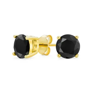 Black Stud Earrings Solitaire CZ Gold Plated Sterling Silver