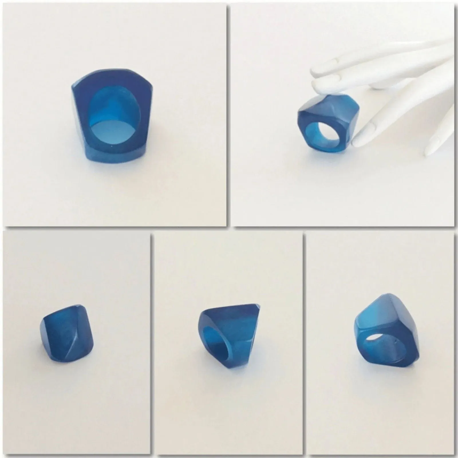 Blue Resin Square Pyramid Shape Modern Cocktail Ring