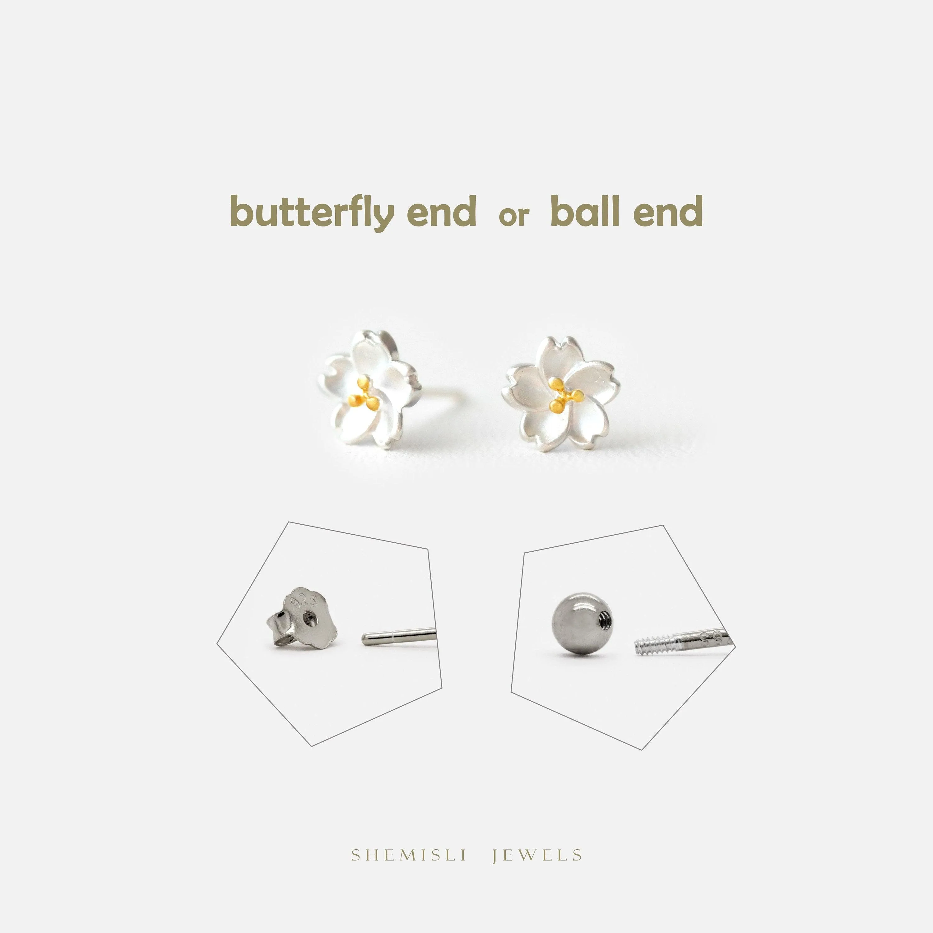 Cherry Blossom Flower Stud Earrings, Silver SHEMISLI - SS111 Butterfly End, SS766 Screw Ball End (Type A)