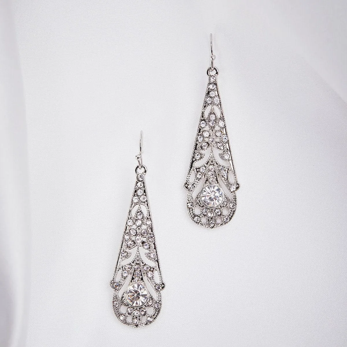 Crystal Drop Earrings: 1920s Style Filigree Drop Earrings