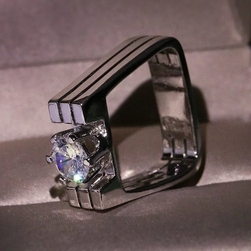 Double Round Geometrical Diamond Silver Ring