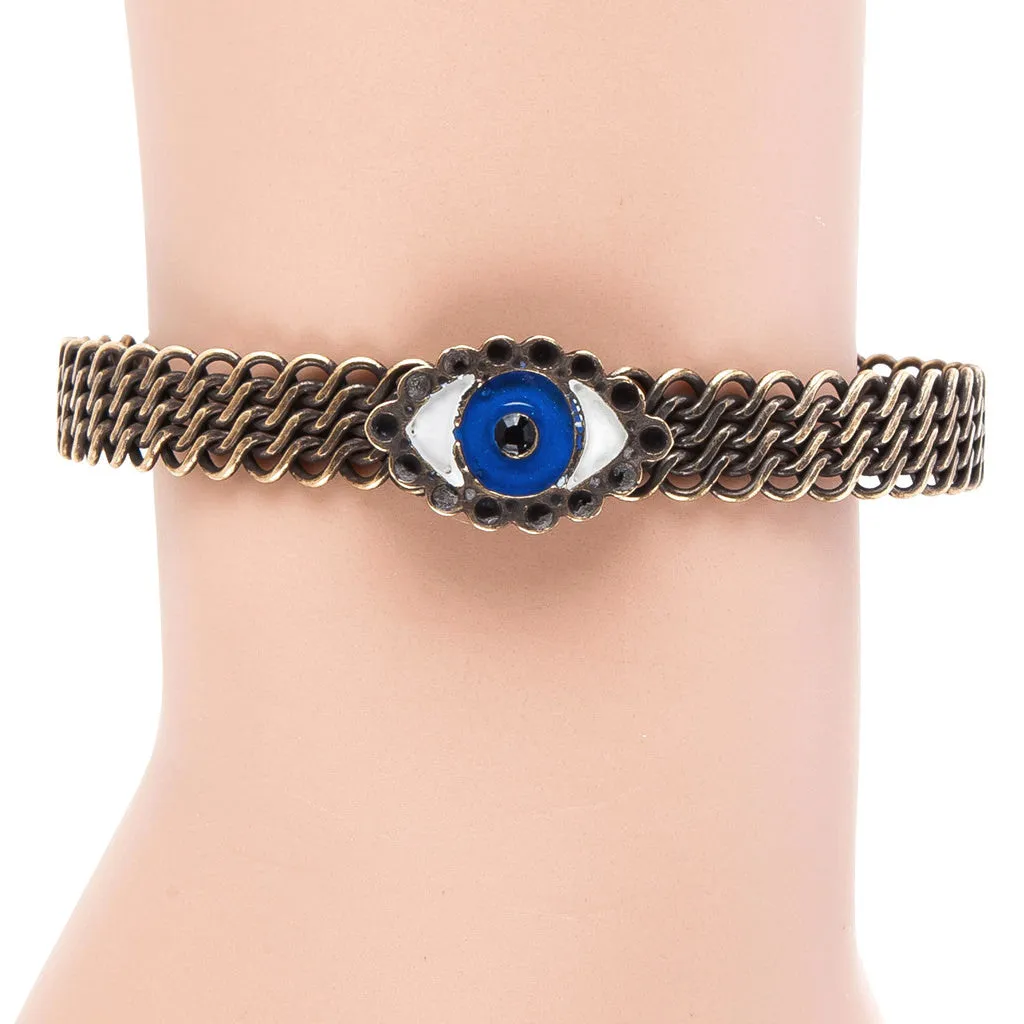 Enamel Evil Eye Charm Mesh Cuff Bracelet