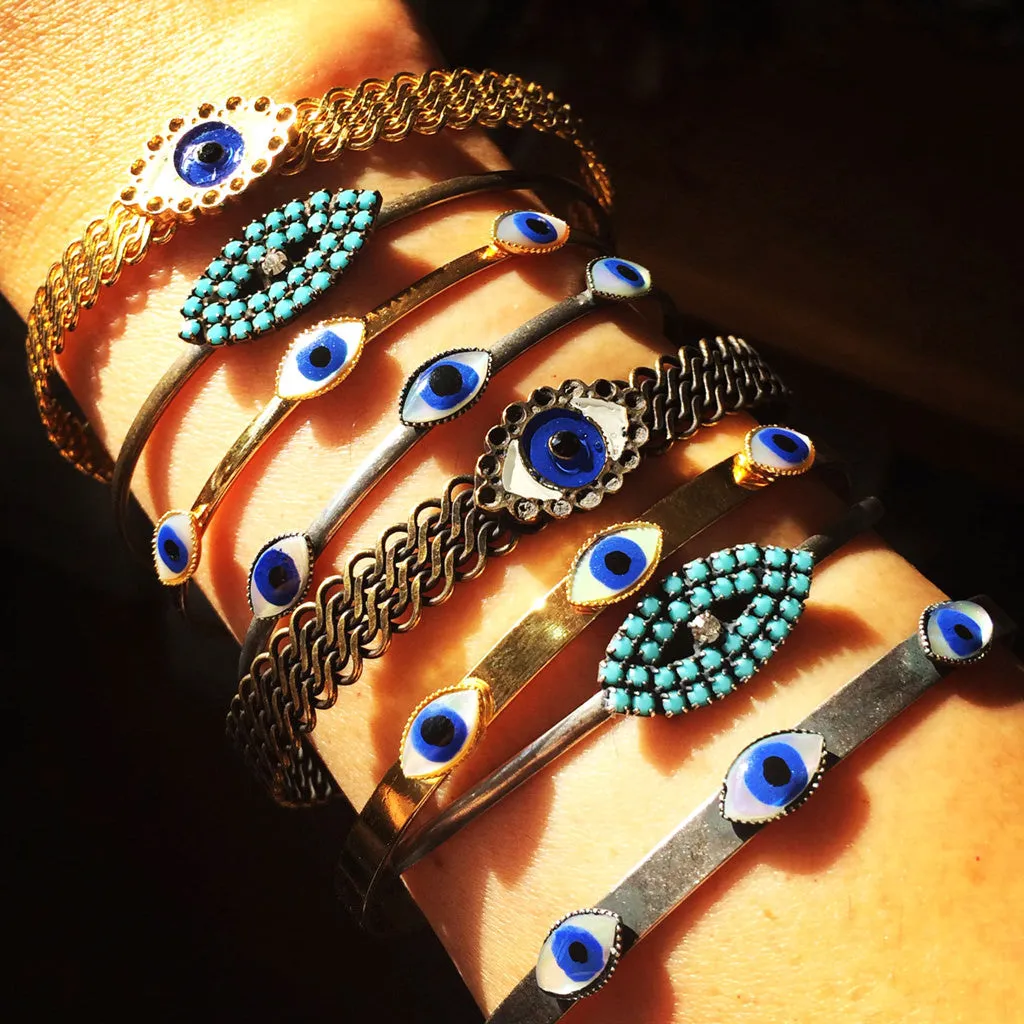 Enamel Evil Eye Charm Mesh Cuff Bracelet