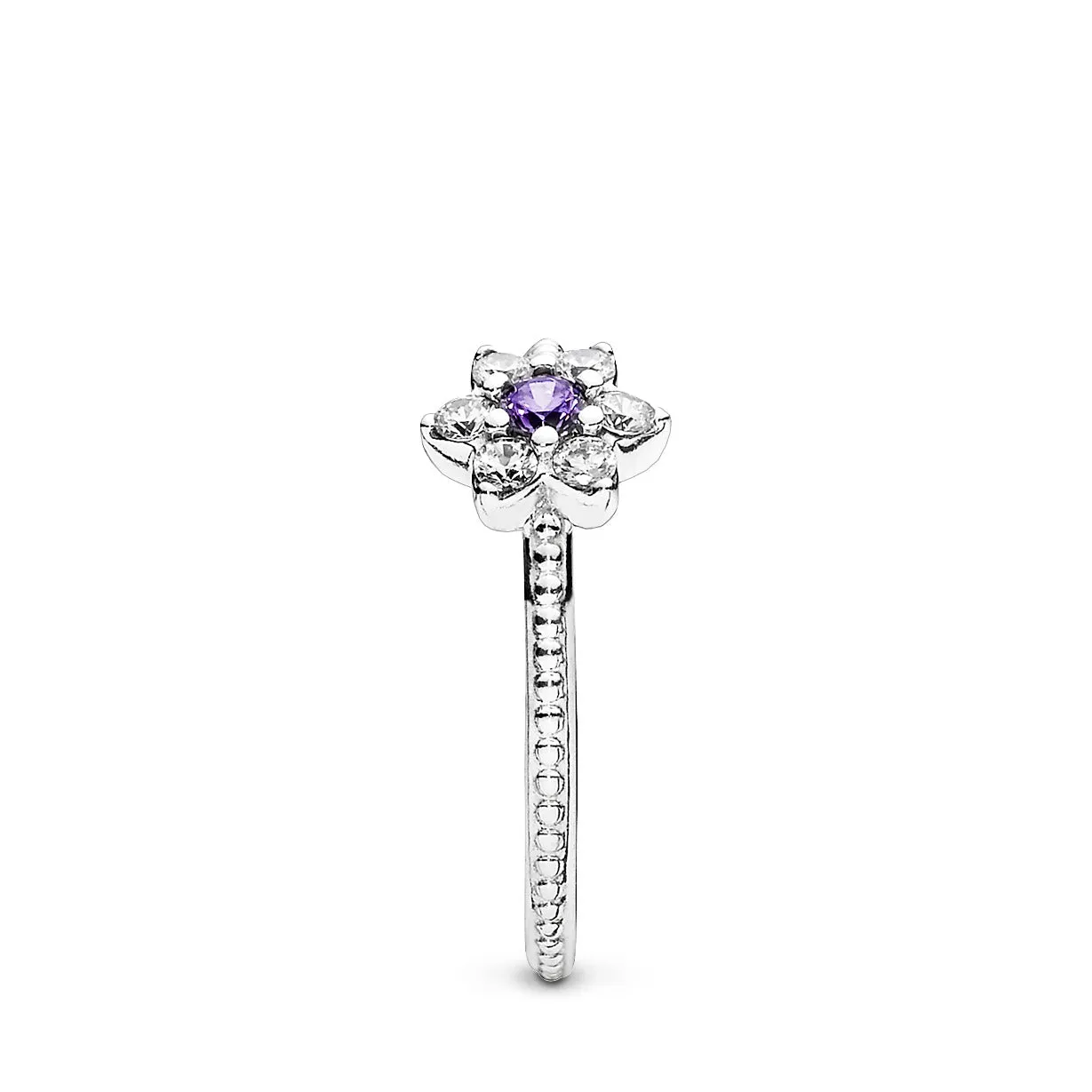 Forget me not silver ring with purple and clear cubic zirconia