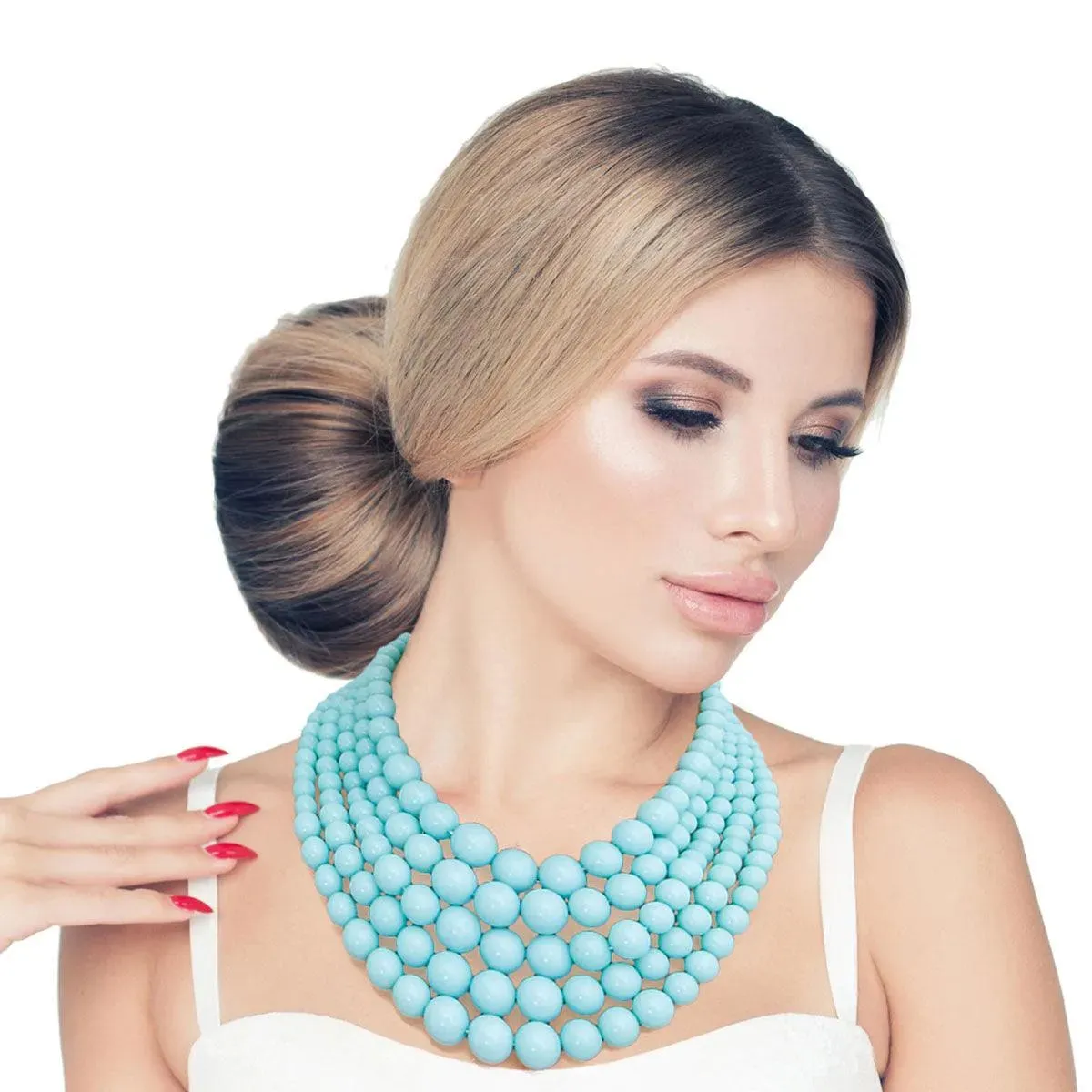 Get Your Chic Sea-Blue Beaded 5 Strand Necklace Set Today - Shop Now!