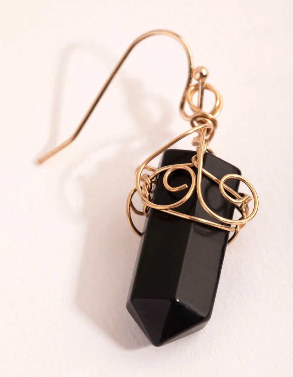 Gold Coil Wrapped Onyx Drop Earrings