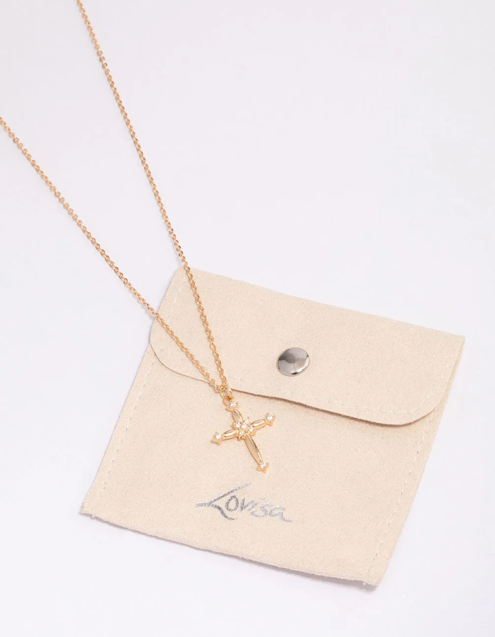 Gold Ornate Diamante Cross Pendant Necklace