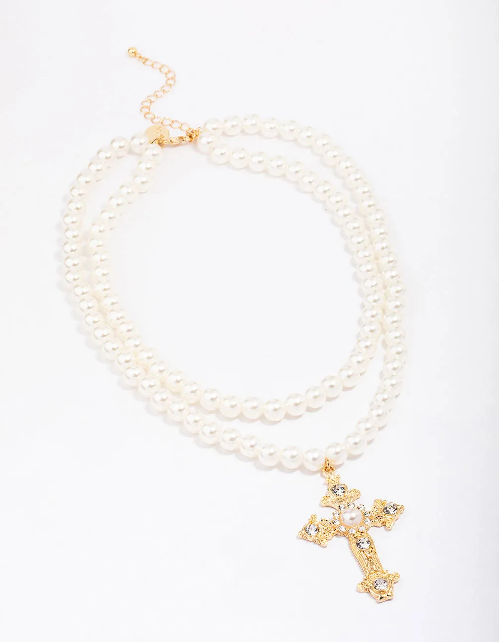 Gold Pearl Cross Multi Row Layered Necklace