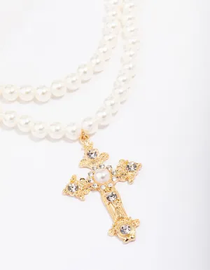 Gold Pearl Cross Multi Row Layered Necklace