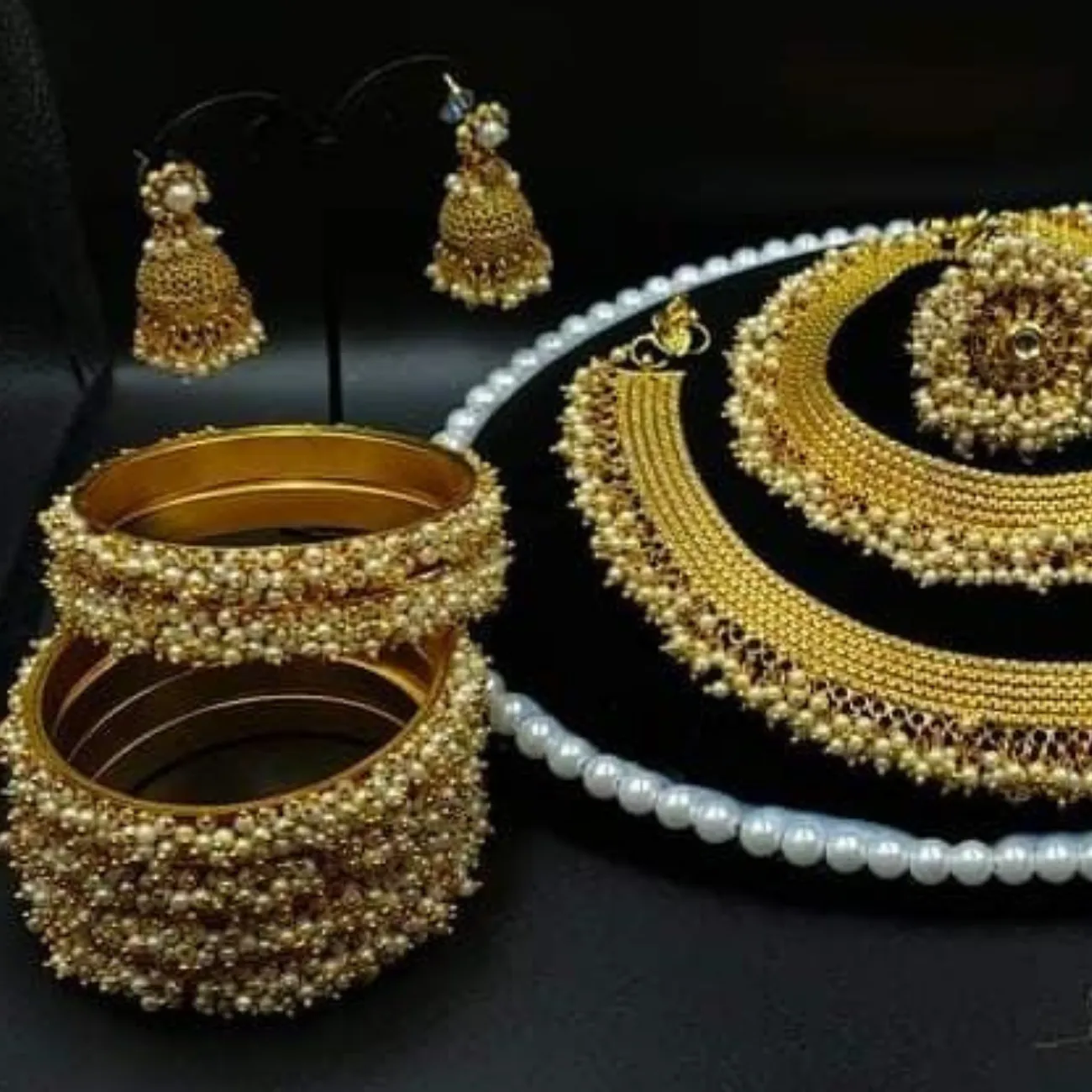 Gold Plated Bollywood Pearl Indian Traditional Bridal Choker Long Necklace Set