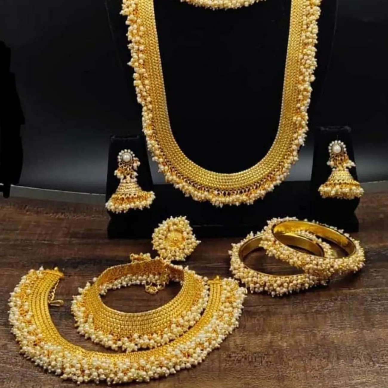 Gold Plated Bollywood Pearl Indian Traditional Bridal Choker Long Necklace Set