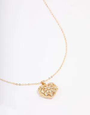 Gold Plated Elaborate Puffy Heart Locket Pendant Necklace