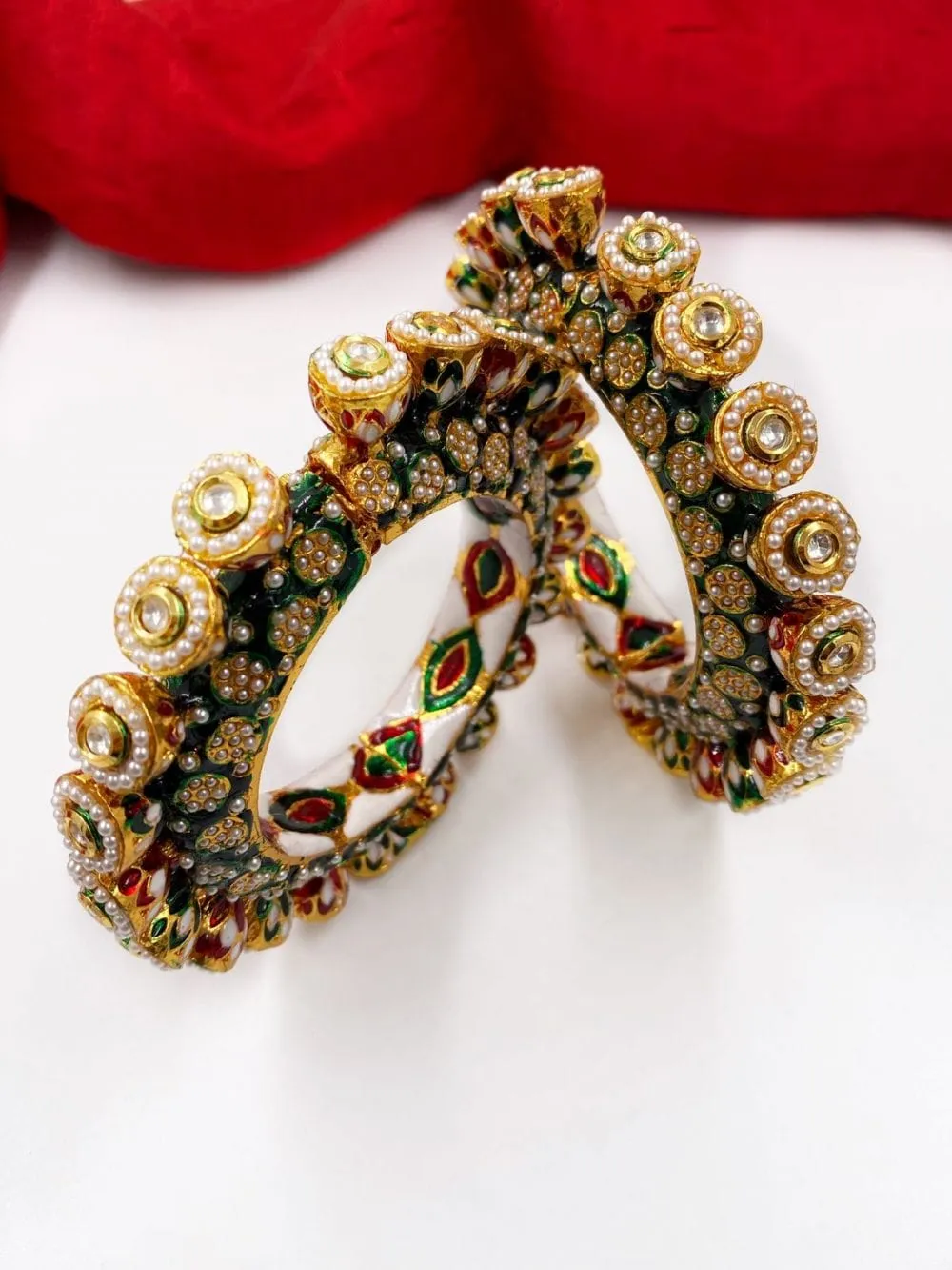 Gold Plated Kundan Meenakari And Pearls Green Pacheli Bangles For Women By Gehna Shop