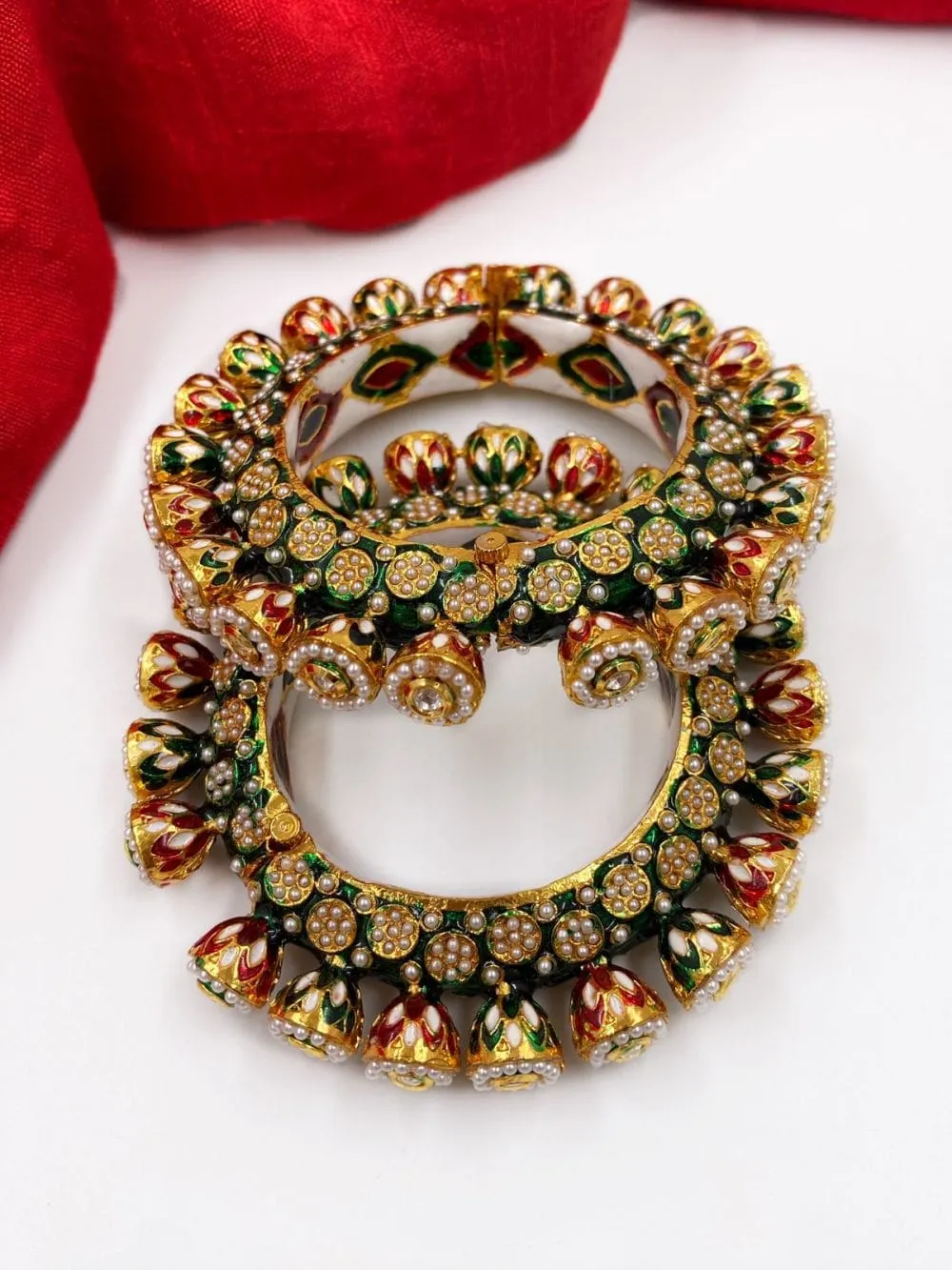 Gold Plated Kundan Meenakari And Pearls Green Pacheli Bangles For Women By Gehna Shop